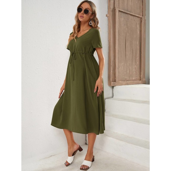 Maternity Drawstring Waist short sleeve midi Dress orange - Picture 7 of 11